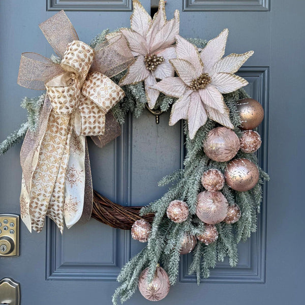 Snowy Pink Christmas Wreath, 24” Front Door Decor
