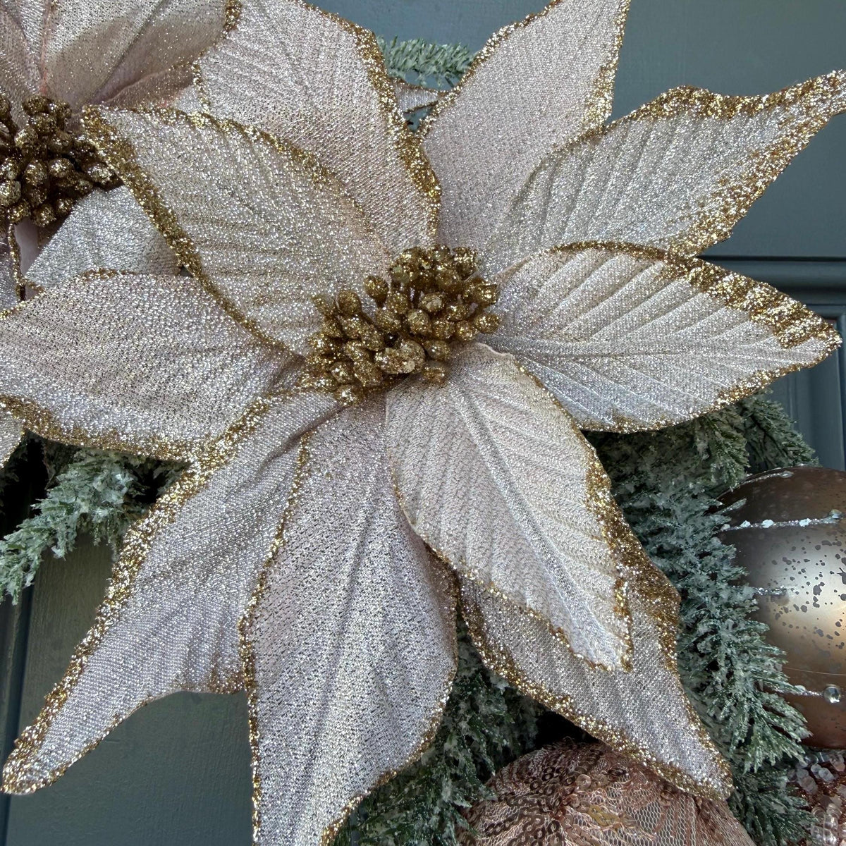 Snowy Pink Christmas Wreath, 24” Front Door Decor
