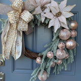 Snowy Pink Christmas Wreath, 24” Front Door Decor