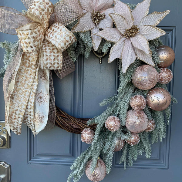 Snowy Pink Christmas Wreath, 24” Front Door Decor