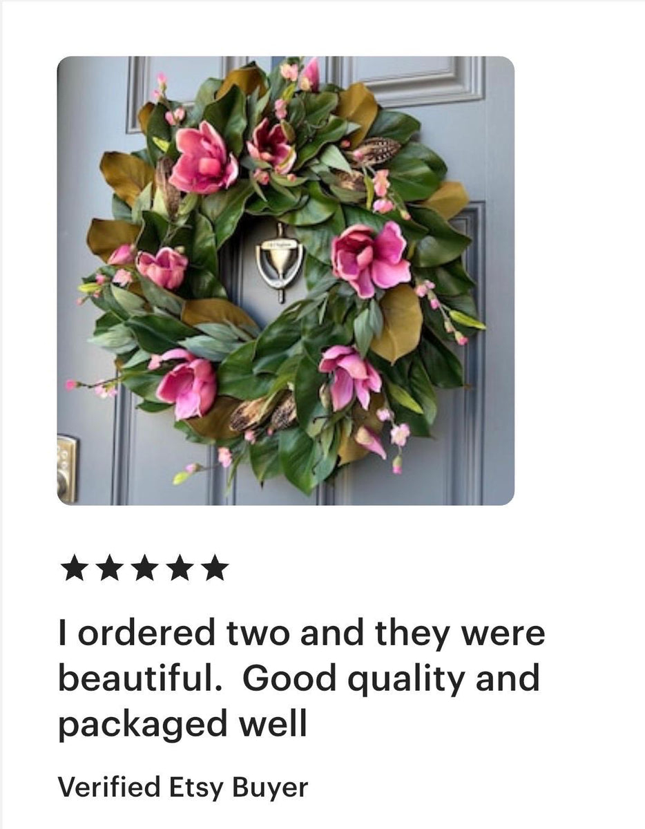 Magnolia Front Door Wreath, Pink Blooms, Handmade Southern Decor