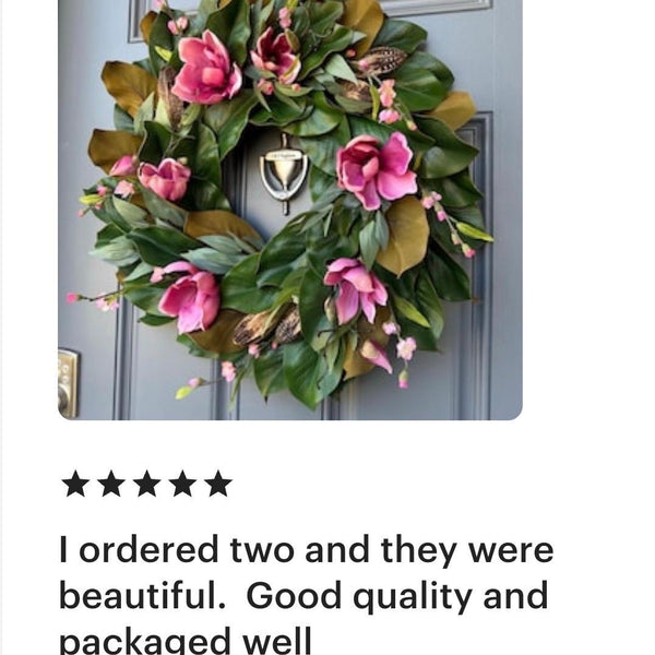 Magnolia Front Door Wreath, Pink Blooms, Handmade Southern Decor
