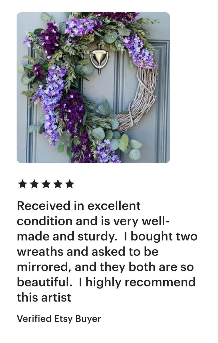 Lilac Spring Wreath with draping Eucalyptus and Ruscus on a Whitewashed Grapevine, Handmade Floral Decor, Mothers Day Gift, Housewarming