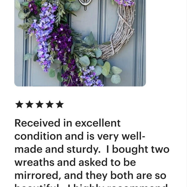 Lilac Spring Wreath with draping Eucalyptus and Ruscus on a Whitewashed Grapevine, Handmade Floral Decor, Mothers Day Gift, Housewarming