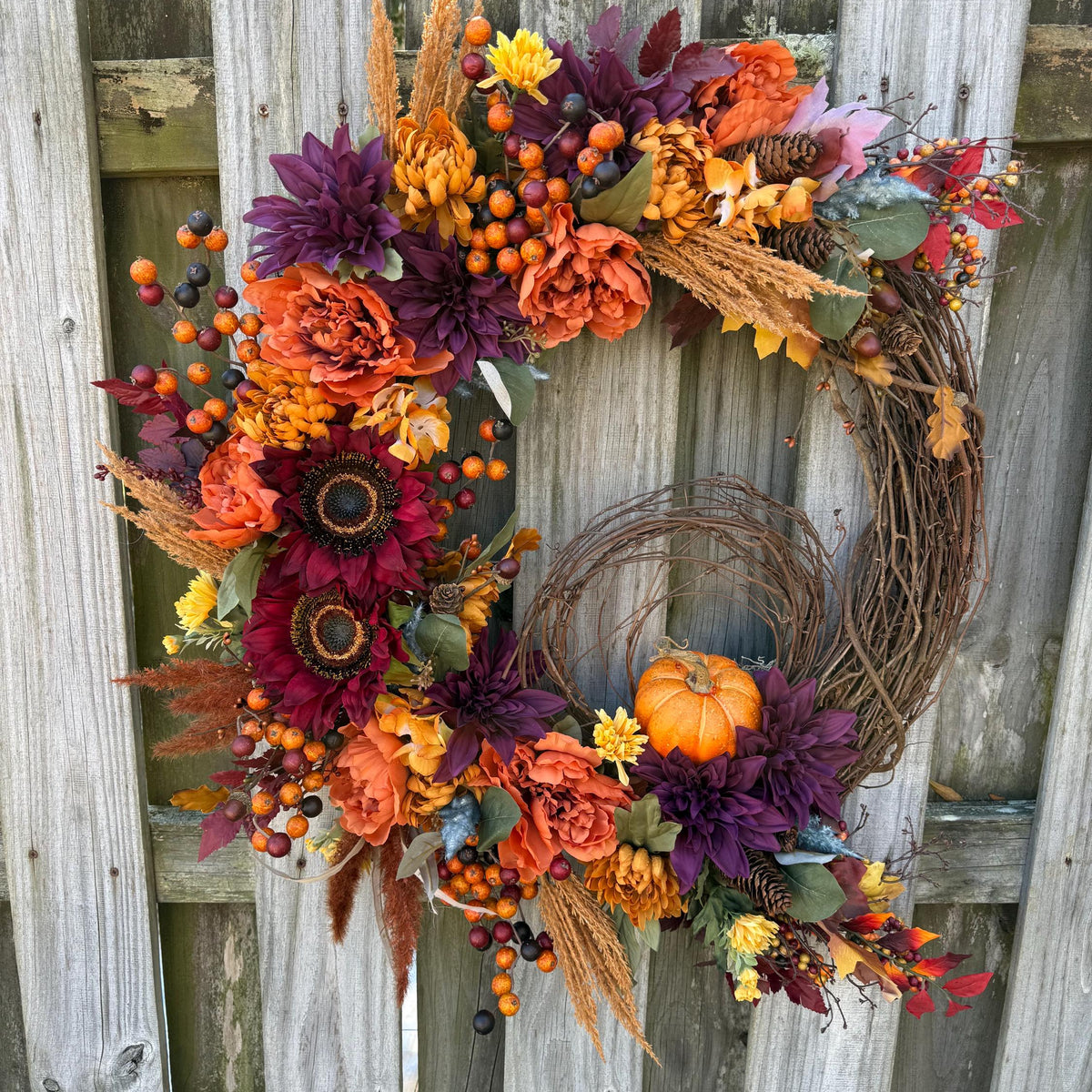 Fall Front Door Wreath, Pinecones, Pumpkins, Sunflowers, Harvest Decor
