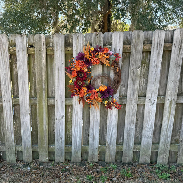 Fall Front Door Wreath, Pinecones, Pumpkins, Sunflowers, Harvest Decor