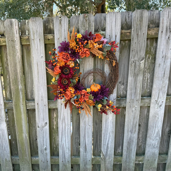 Fall Front Door Wreath, Pinecones, Pumpkins, Sunflowers, Harvest Decor