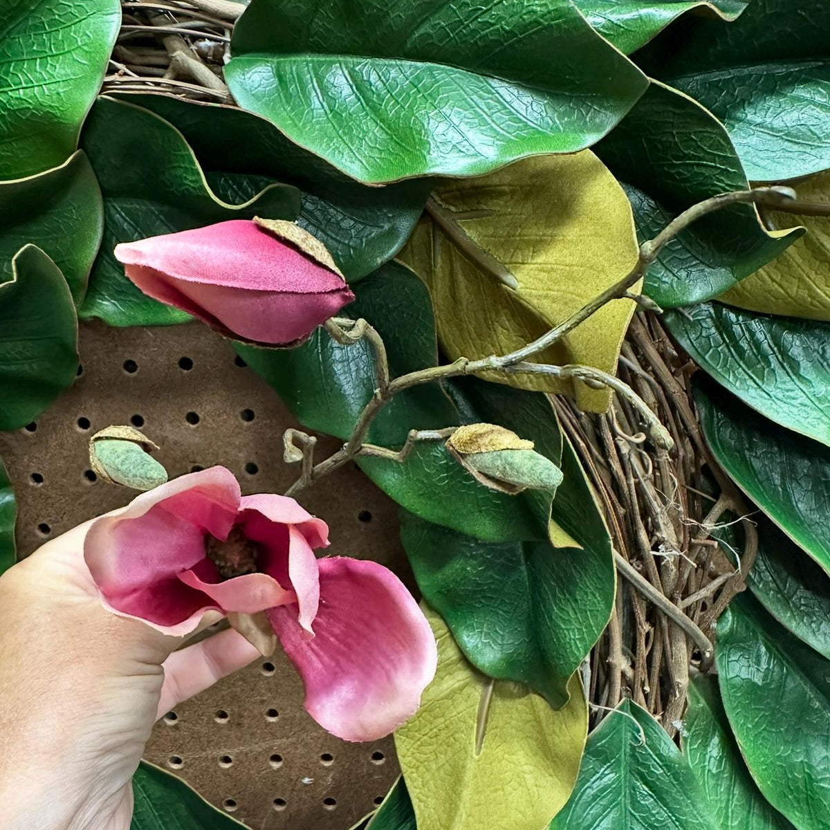 Magnolia Front Door Wreath, Pink Blooms, Handmade Southern Decor