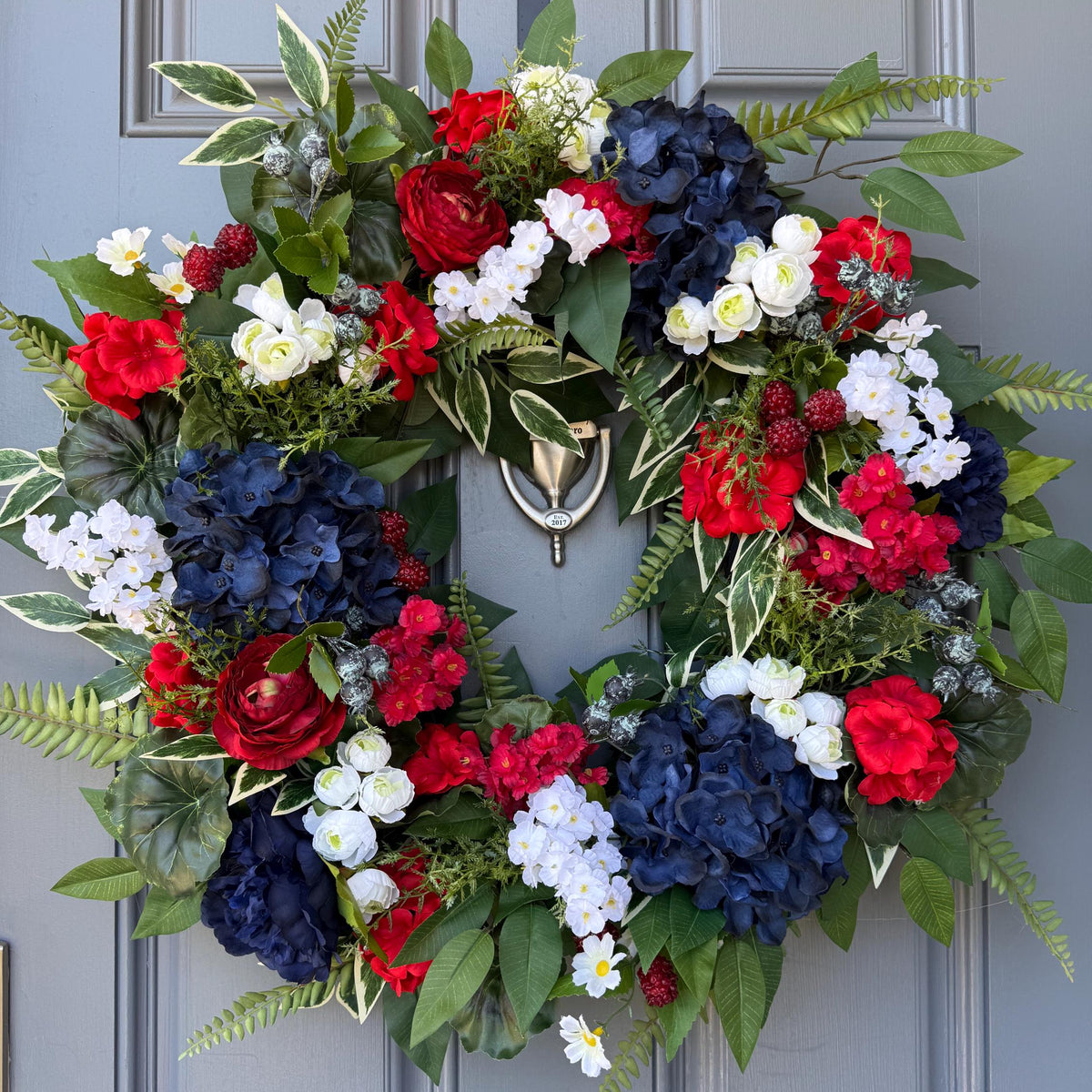 Patriotic Floral Wreath, Red White Blue, Summer Door Decor