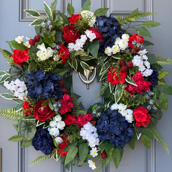 Patriotic Floral Wreath, Red White Blue, Summer Door Decor
