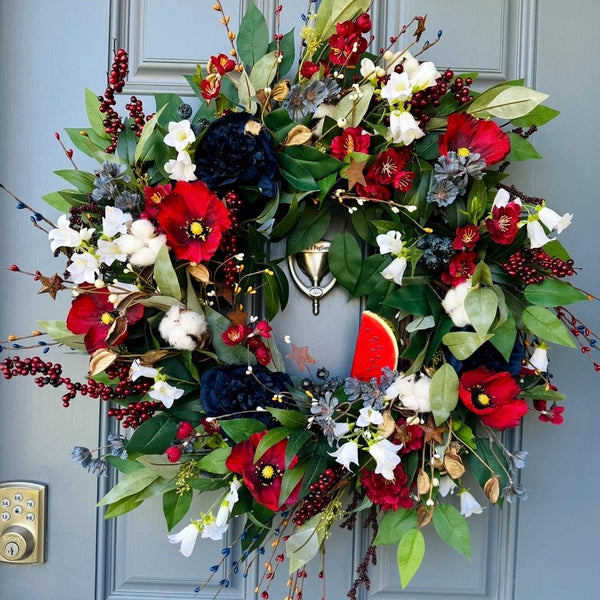 Handmade Patriotic Wreath 4th of July Front Door Decor, Red White and Blue Summer Wreath