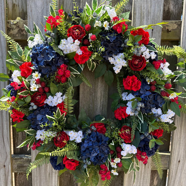 Patriotic Floral Wreath, Red White Blue, Summer Door Decor