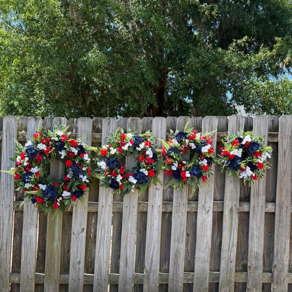 Patriotic Floral Wreath, Red White Blue, Summer Door Decor