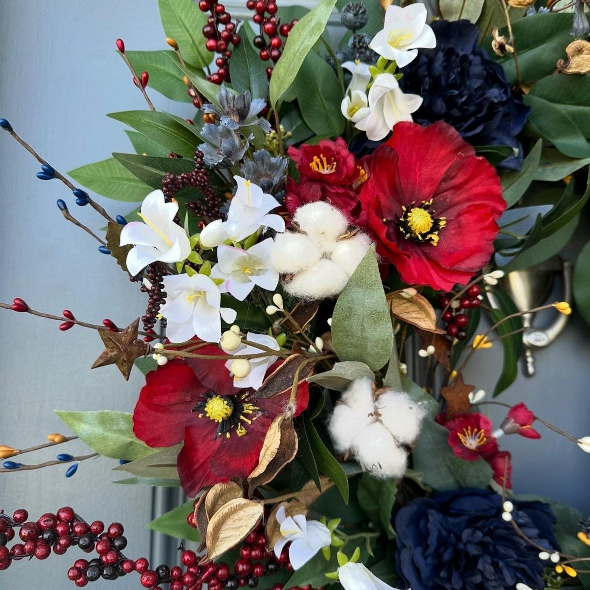 Handmade Patriotic Wreath 4th of July Front Door Decor, Red White and Blue Summer Wreath