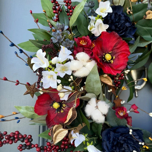 Handmade Patriotic Wreath 4th of July Front Door Decor, Red White and Blue Summer Wreath