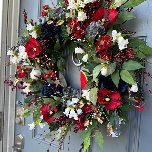 Handmade Patriotic Wreath 4th of July Front Door Decor, Red White and Blue Summer Wreath