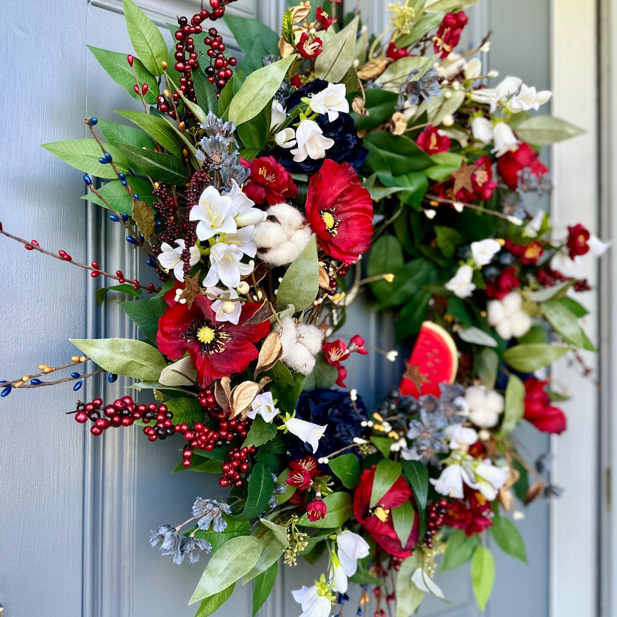 Handmade Patriotic Wreath 4th of July Front Door Decor, Red White and Blue Summer Wreath