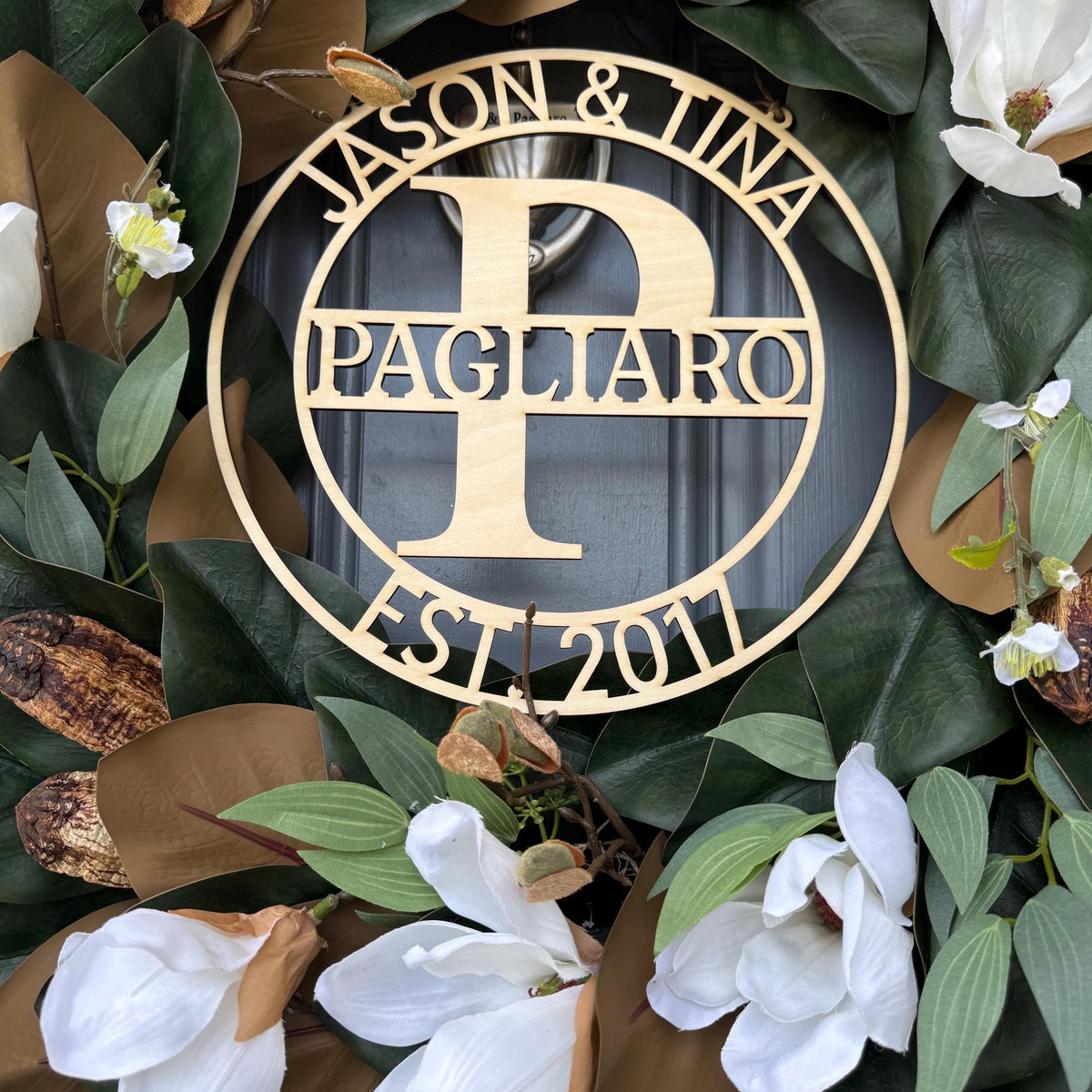 Personalized Magnolia Wreath | Handmade Magnolia Wreath | White Blooms and Green Leaves | Front Door Decor