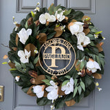 Personalized Magnolia Wreath | Handmade Magnolia Wreath | White Blooms and Green Leaves | Front Door Decor
