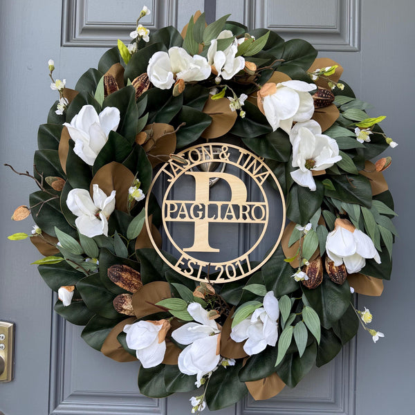 Personalized Magnolia Wreath | Handmade Magnolia Wreath | White Blooms and Green Leaves | Front Door Decor