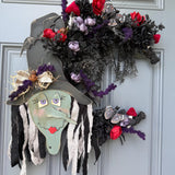 Hand painted Halloween Witch Wreath | Halloween Decor | Witch lovers | Summerween | Crescent Moon | Primitive Wreath 20”