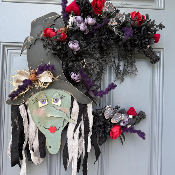 Hand painted Halloween Witch Wreath | Halloween Decor | Witch lovers | Summerween | Crescent Moon | Primitive Wreath 20”