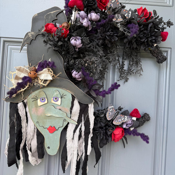 Hand painted Halloween Witch Wreath | Halloween Decor | Witch lovers | Summerween | Crescent Moon | Primitive Wreath 20”