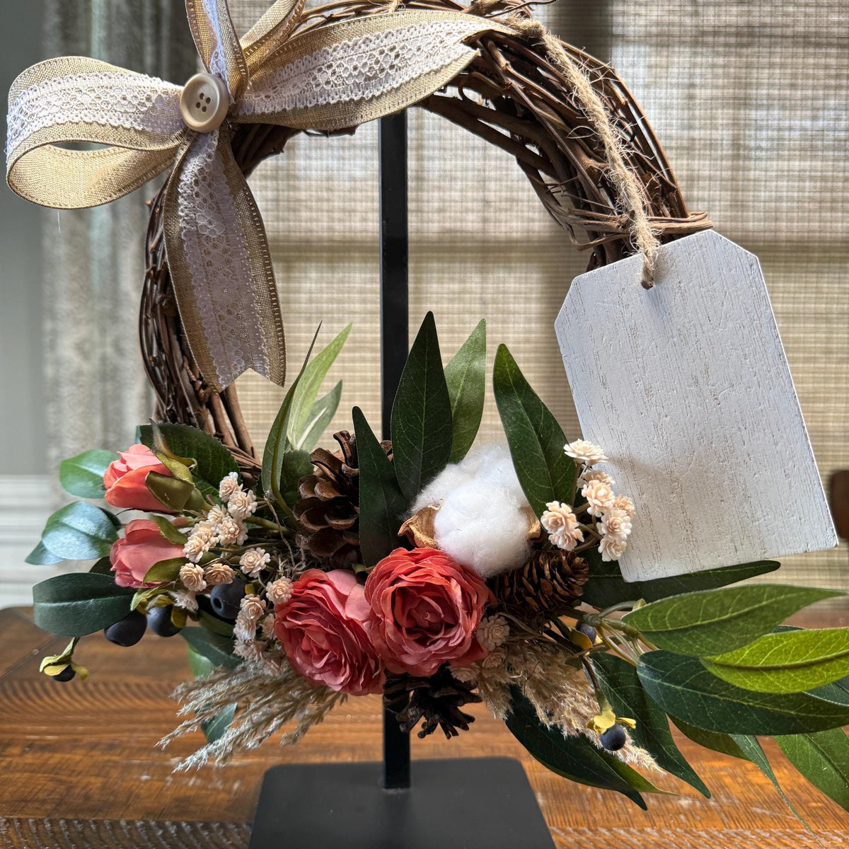 Tabletop personalized wreath | 10” grapevine wreath on a black metal stand | Thank you gift | Coworker gift | Desktop decor