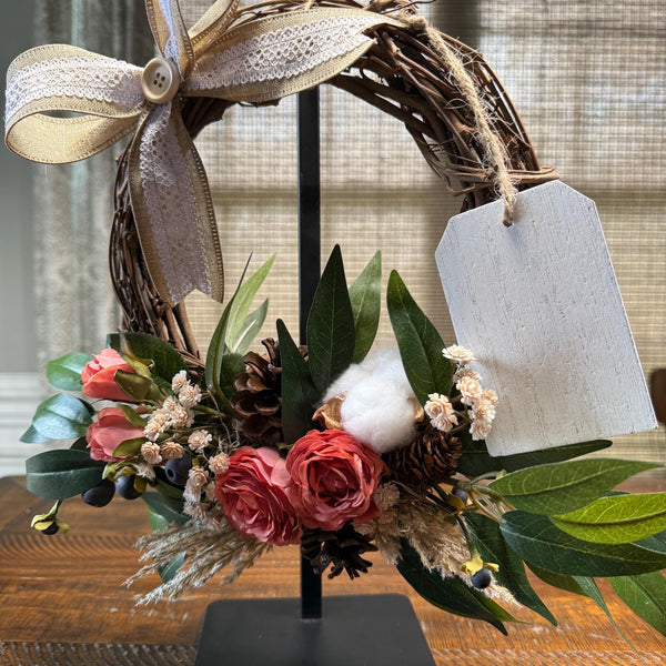 Tabletop personalized wreath | 10” grapevine wreath on a black metal stand | Thank you gift | Coworker gift | Desktop decor