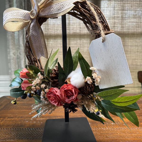 Tabletop personalized wreath | 10” grapevine wreath on a black metal stand | Thank you gift | Coworker gift | Desktop decor