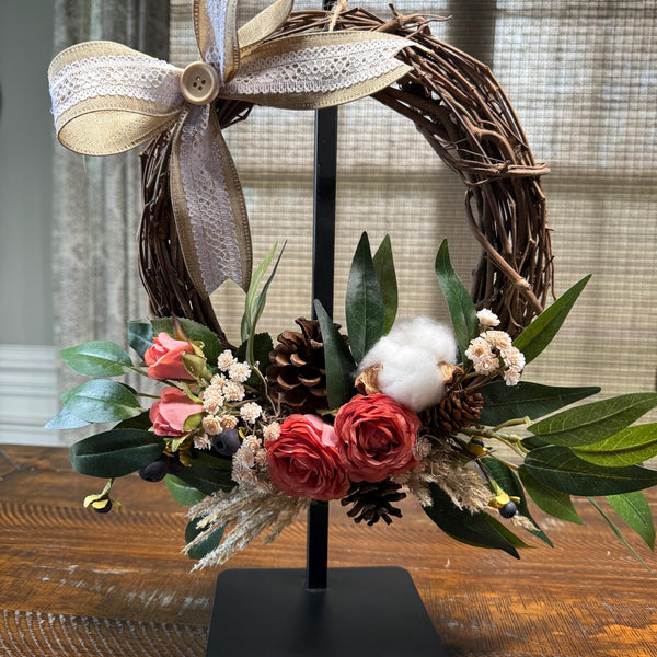 Tabletop personalized wreath | 10” grapevine wreath on a black metal stand | Thank you gift | Coworker gift | Desktop decor