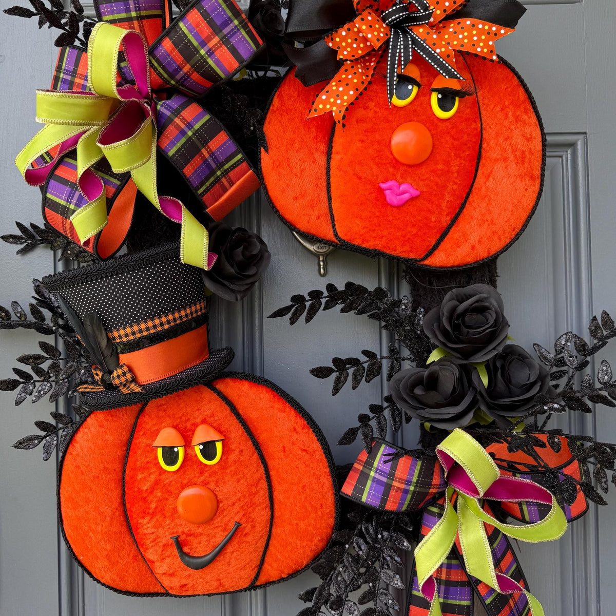 Pumpkin Handmade Wreath | Halloween Decor | | Summerween | Orange Wreath | 24”x 24” | Black square wreath base | Designsbysunsetlake
