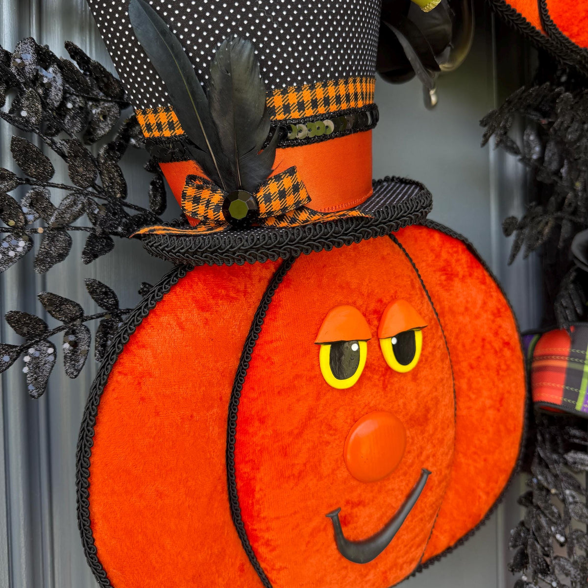 Pumpkin Handmade Wreath | Halloween Decor | | Summerween | Orange Wreath | 24”x 24” | Black square wreath base | Designsbysunsetlake