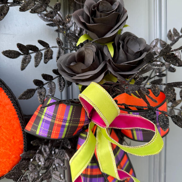 Pumpkin Handmade Wreath | Halloween Decor | | Summerween | Orange Wreath | 24”x 24” | Black square wreath base | Designsbysunsetlake