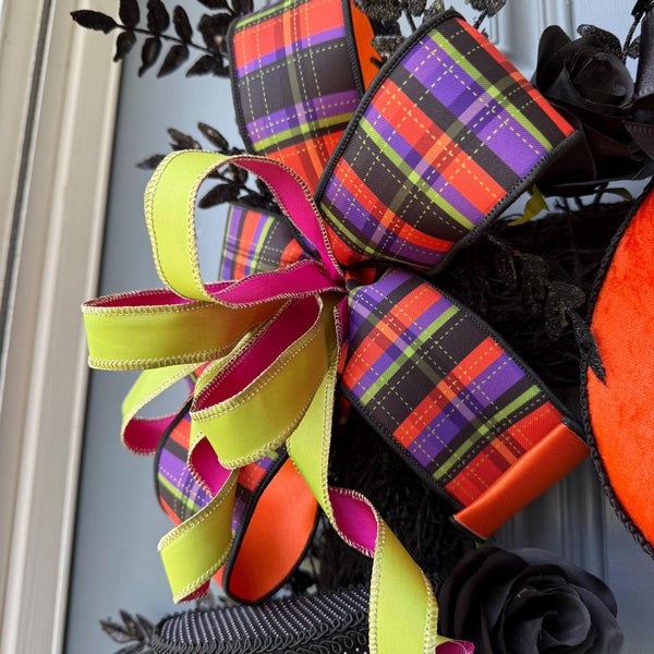 Pumpkin Handmade Wreath | Halloween Decor | | Summerween | Orange Wreath | 24”x 24” | Black square wreath base | Designsbysunsetlake