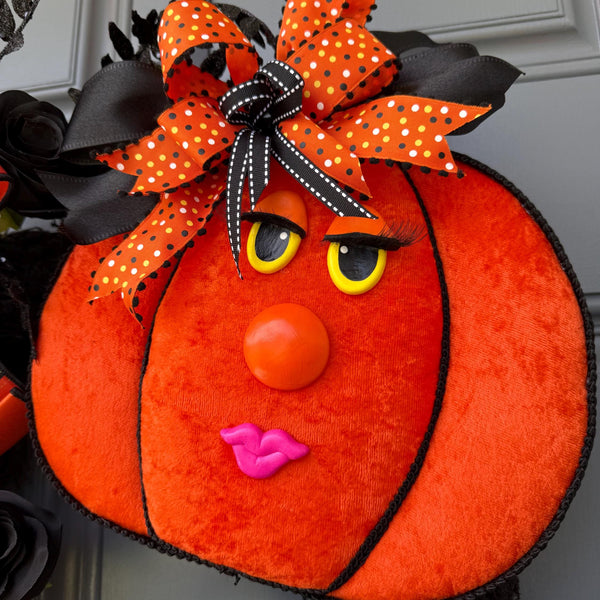 Pumpkin Handmade Wreath | Halloween Decor | | Summerween | Orange Wreath | 24”x 24” | Black square wreath base | Designsbysunsetlake