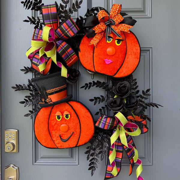 Pumpkin Handmade Wreath | Halloween Decor | | Summerween | Orange Wreath | 24”x 24” | Black square wreath base | Designsbysunsetlake
