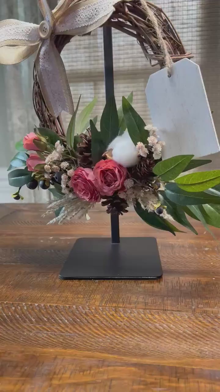 Tabletop personalized wreath | 10” grapevine wreath on a black metal stand | Thank you gift | Coworker gift | Desktop decor