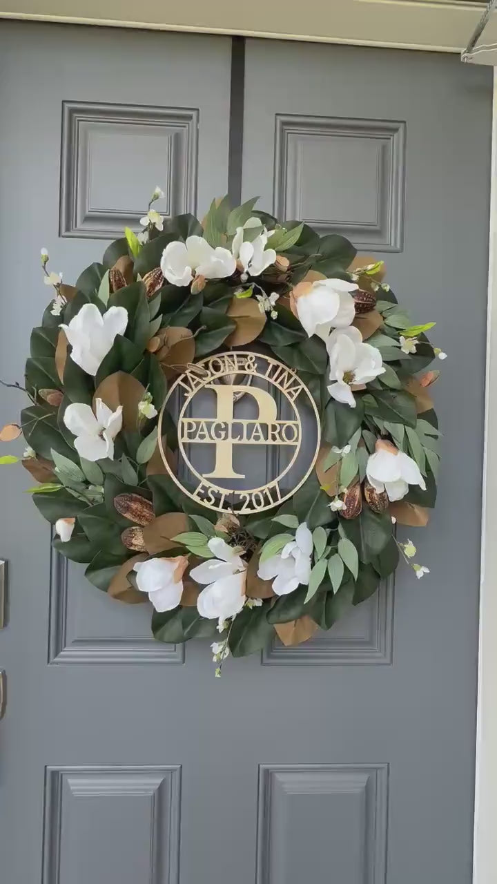 Personalized Magnolia Wreath | Handmade Magnolia Wreath | White Blooms and Green Leaves | Front Door Decor